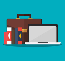 laptop computer, briefcase and stack of books over blue background. office workplace concept. colorful design. vector illustration