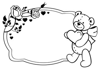 Oval label with outline roses and cute teddy bear holding heart. Vector clip art