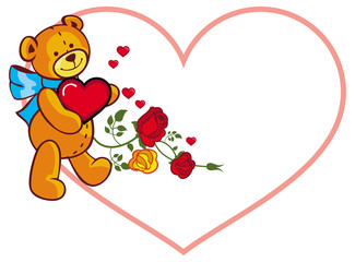 Heart-shaped frame with roses and teddy bear holding red heart. Vector clip art.