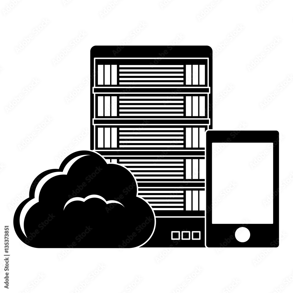 Poster black database hosting and tuning smartphone image, vector illustration