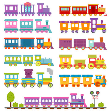 Toy train different cartoon vector illustration.