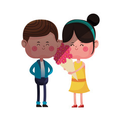 kawaii couple in love with flowers bouquet over white background. colorful design. vector illustration