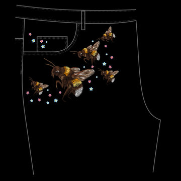 Embroidery colorful jeans floral pattern with bumblebees. Vector denim trend folk insect ornament with forget me not flowers on black background.