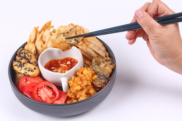 Deep fried dessert of corn ,taro ,nian gao and banana .