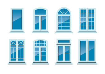 Vector set of different types of white windows. Icon collection. Flat style illustration