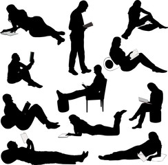 people reading books silhouettes - vector