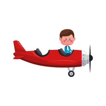 red plane vehicle with kawaii boy  over white background. colorful design. vector illustration