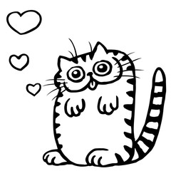 Black and white сat in love. Funny cartoon cool character. Contour freehand drawing cute fur character. White background. Cheerful pet for web icons and shirt. Isolated vector illustration.