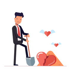 Sad man digs a broken heart.  businessman or manager with  shovel at the funeral. Love is gone. Cartoon character in flat style isolated on pink background. Vector, illustration EPS10.