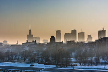 smog over Warsaw city in winter scenery