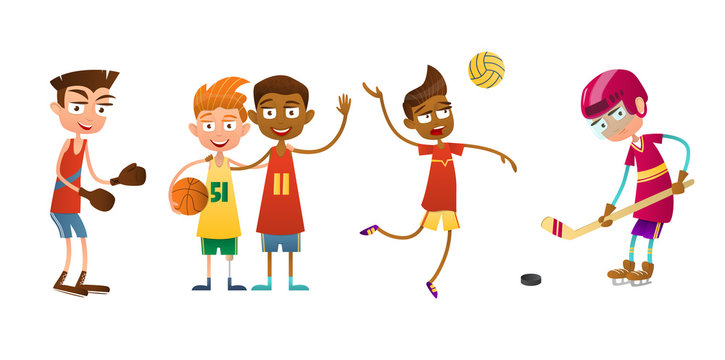 Flat set of kids doing different types of sports. The boy volleyball player, boxer and hockey player. Two other boys basketball.