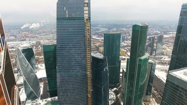 Urban Office Buildings. Skyscrapers Architecture in a city. Aerial. 4K