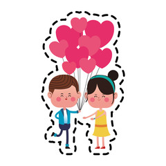 kawaii couple in love holding a heart ballons over white background. colorful design. vector illustration