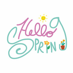 Hello spring word lettering and cute flower pot cartoon vector illustration on white background