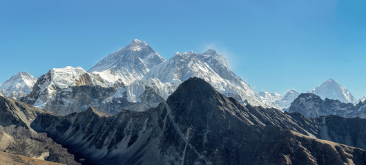 High resolution panorama of the three highest peaks of the World -  Everest (8848 m), Lhotse (8516 m), and Makalu (8481 m) from the Renjo Pass - Gokyo region, Nepal, Himalayas