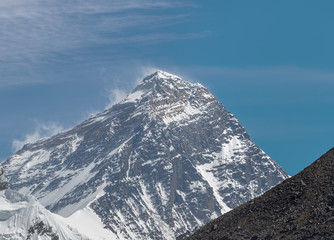 View of Mount Everest (8848 m) and Lhotse (8516 m) from the Renjo Pass - Gokyo region, Nepal,...