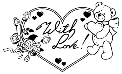 Heart-shaped frame with outline roses, teddy bear holding heart