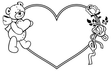 Heart-shaped frame with outline roses, teddy bear holding heart