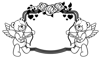 Oval label with outline roses and teddy bear.  Vector clip art.