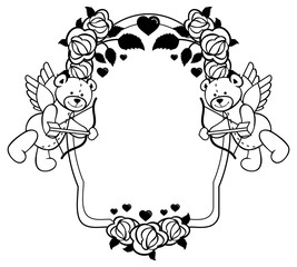 Oval label with outline roses and teddy bear.  Vector clip art.
