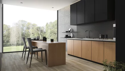 Fotobehang 3d rendering modern black kitchen with wood built in  © dit26978