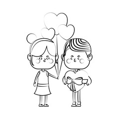kawaii couple in love with heart balloons  over white background. vector illustration