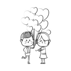 kawaii couple in love with heart balloons  over white background. vector illustration
