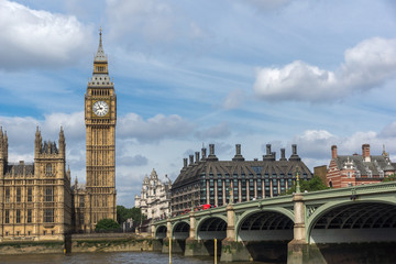 Fototapeta na wymiar LONDON, ENGLAND - JUNE 19 2016: Cityscape of Westminster Palace and Thames River, London, England, United Kingdom