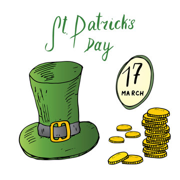 St Patricks Day hand drawn doodle set, with Irish traditional green leprechaun hat and a stack of gold coins, vector illustration isolated on white