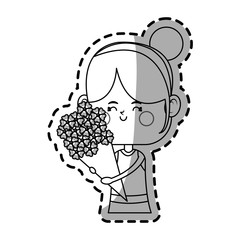 kawaii girl with flowers bouquet over white background.vector illustration