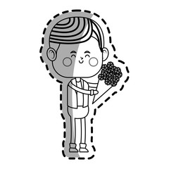 kawaii man with flowers bouquet over white background. vector illustration
