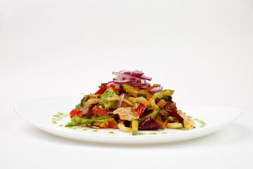 Beautiful meat salad on white background