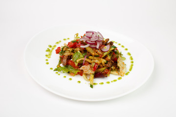 Beautiful meat salad on white background