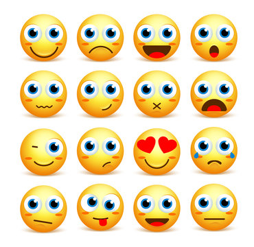 Smiley face vector set of emoticons and icons in yellow color with funny facial expressions and emotions isolated in white background. Vector illustration.
