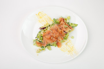 Beautiful meat salad on white background