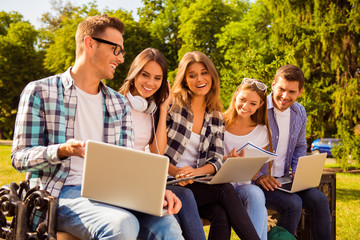 five happy attractive diverse classmates together prepare for te