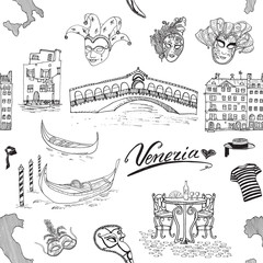 Fototapeta premium Venice Italy seamless pattern. Hand drawn sketch with map of Italy, gondolas, gondolier clothes, carnival venetian masks, houses, market bridge, cafe table and chairs. Doodle drawing isolated on white