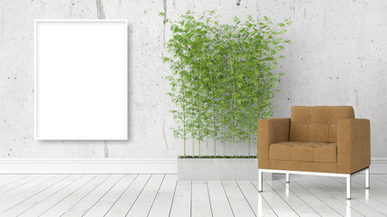 Modern bright interior with empty frame . 3D rendering