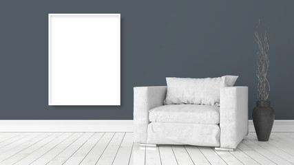 Modern bright interior with empty frame . 3D rendering