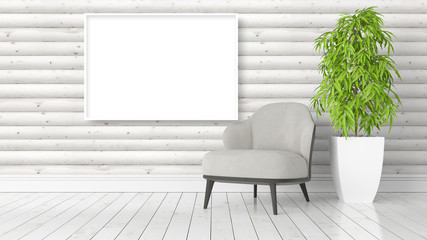 Modern bright interior with empty frame . 3D rendering