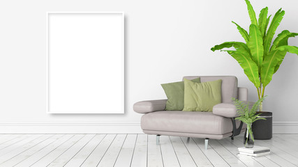 Modern bright interior with empty frame . 3D rendering