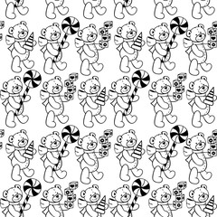 Black and white seamless pattern with teddy bears. Vector clip art.
