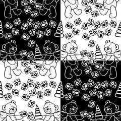 Black and white seamless pattern with teddy bears. Vector clip art.