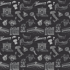 Venice Italy seamless pattern. Hand drawn sketch with map of Italy, gondolas, gondolier clothes, carnival venetian masks, houses, bridge, cafe table and chairs. Doodle drawing on chalkboard background