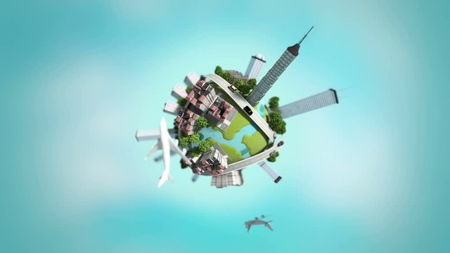 3d generated mini world. Rotating mini-world with skyscrapers on it. loopable.