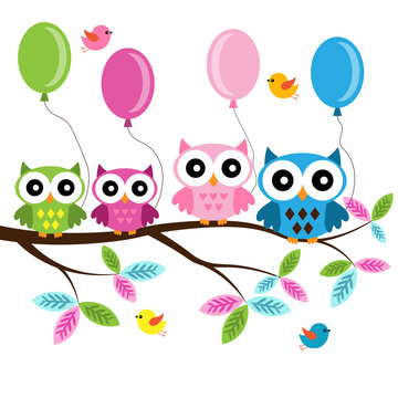 Four colorful owls with balloons sitting on the branch and flying birds on a white background