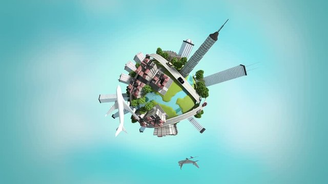 3d generated mini world. Rotating mini-world with skyscrapers on it. loopable.
