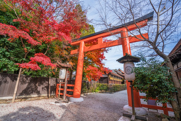 京都　下鴨神社の鳥居と紅葉