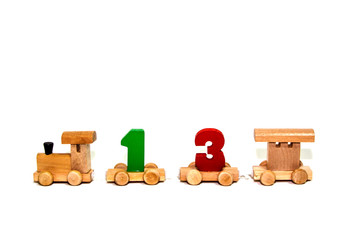 Colorful wooden toy train unlucky number isolated on white background