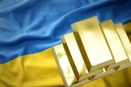 Shining Golden Bullions On The Ukraine Flag